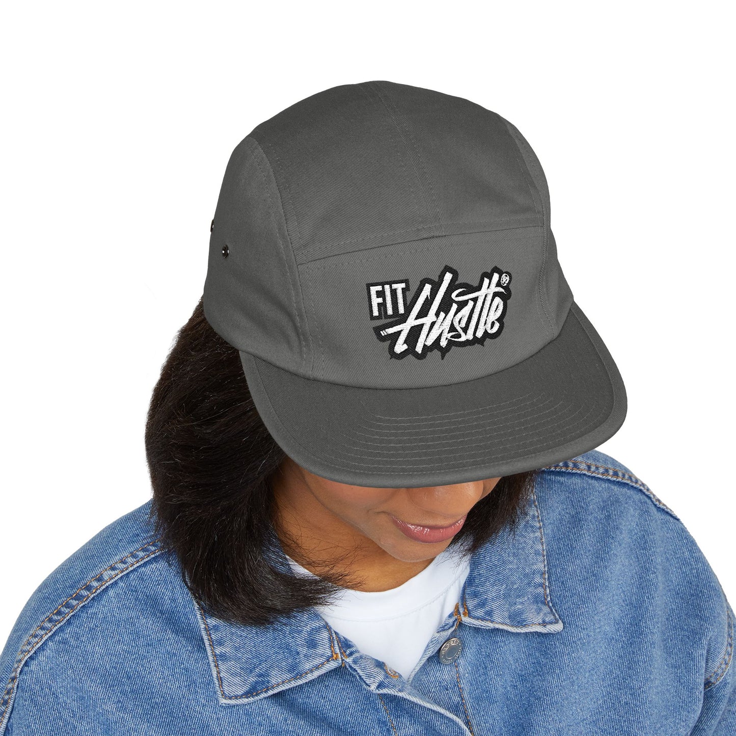Fit Hustle Embroidered 5-Panel Cap — 'Level Up' Back Patch, Khaki Adjustable Hat