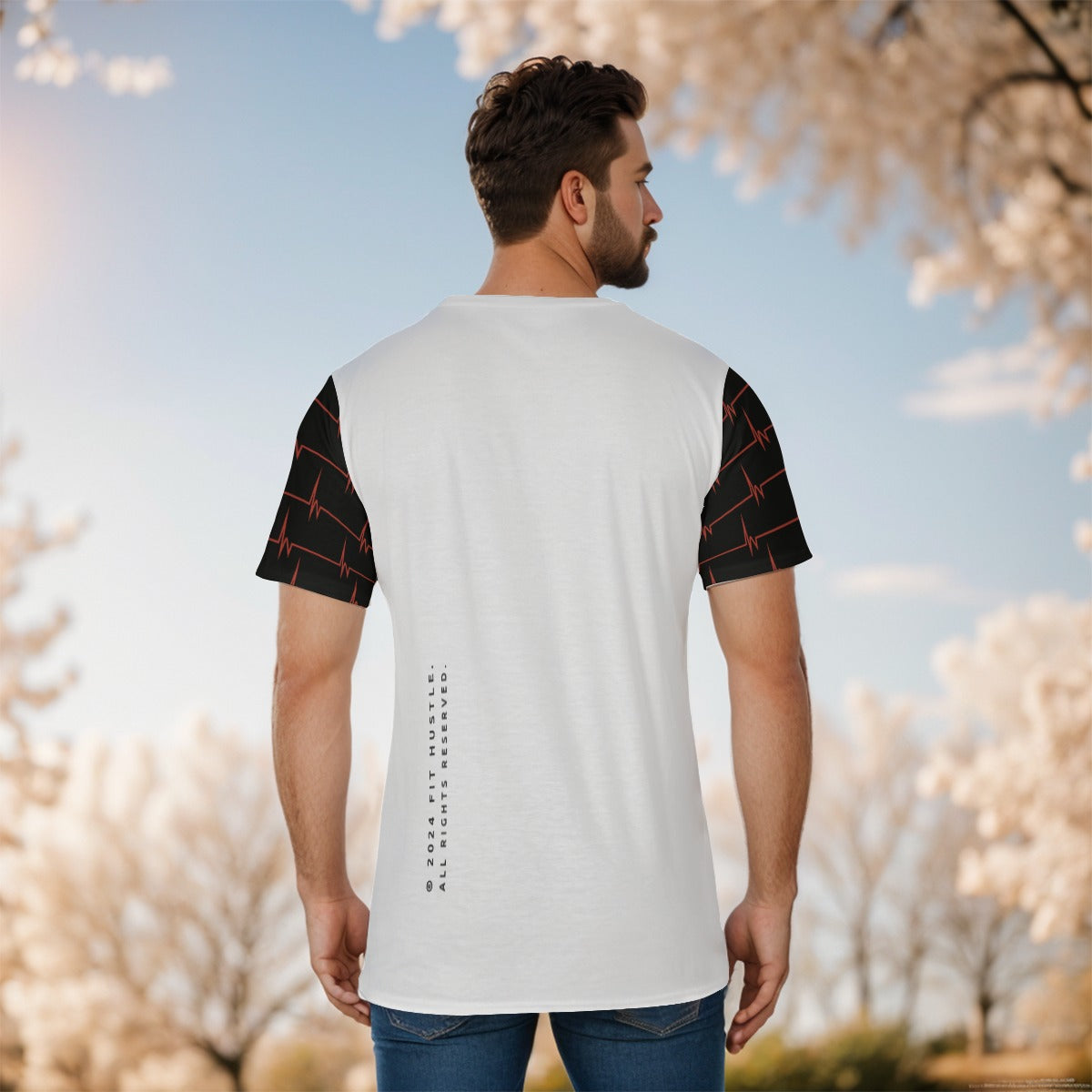 Back view of the Lucky Horseshoe HUSTLE T-Shirt showcasing its all-over print design.