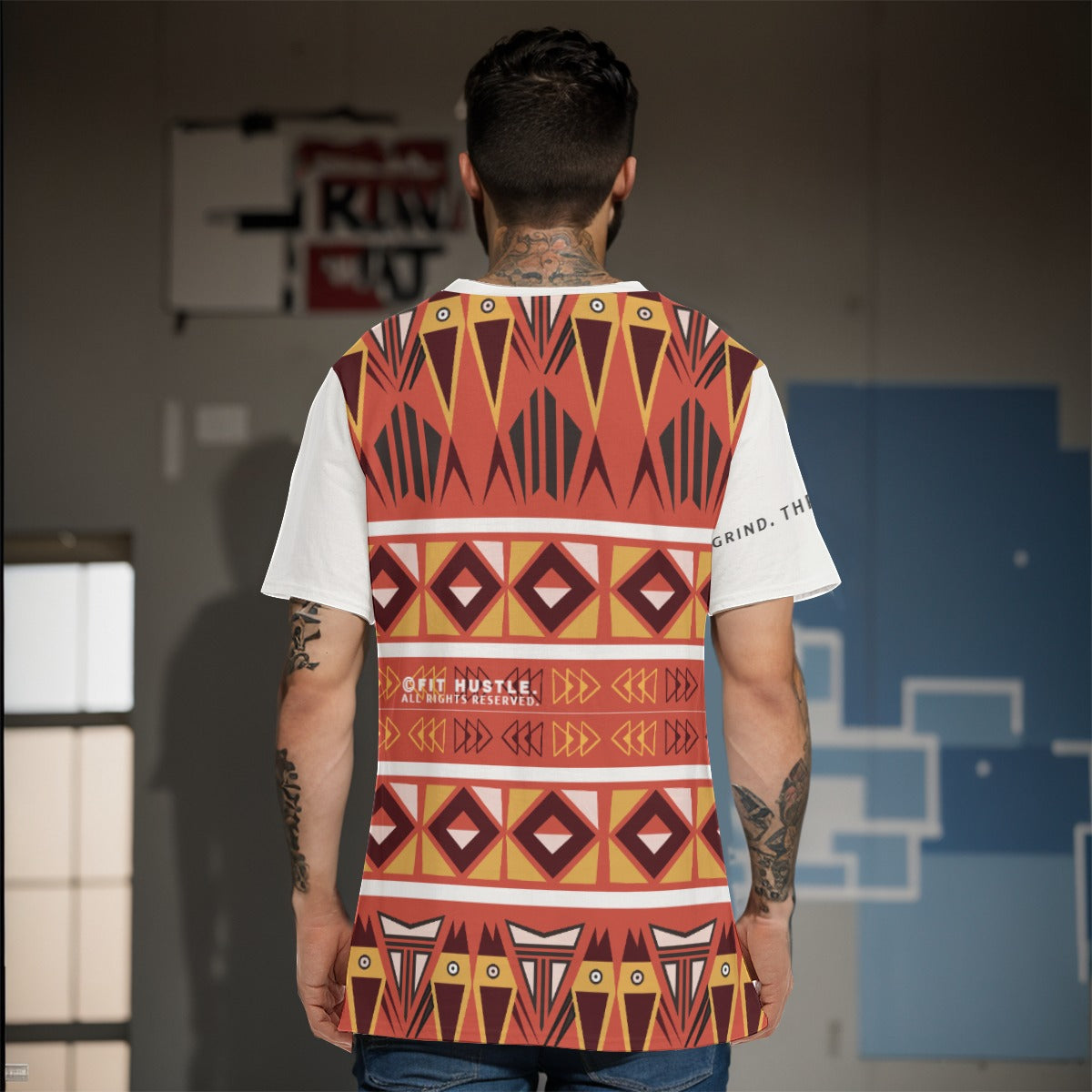 Back view of Cowboy Horseshoe HUSTLE All-Over Print Men's O-Neck T-Shirt showing the detailed all-over print design.