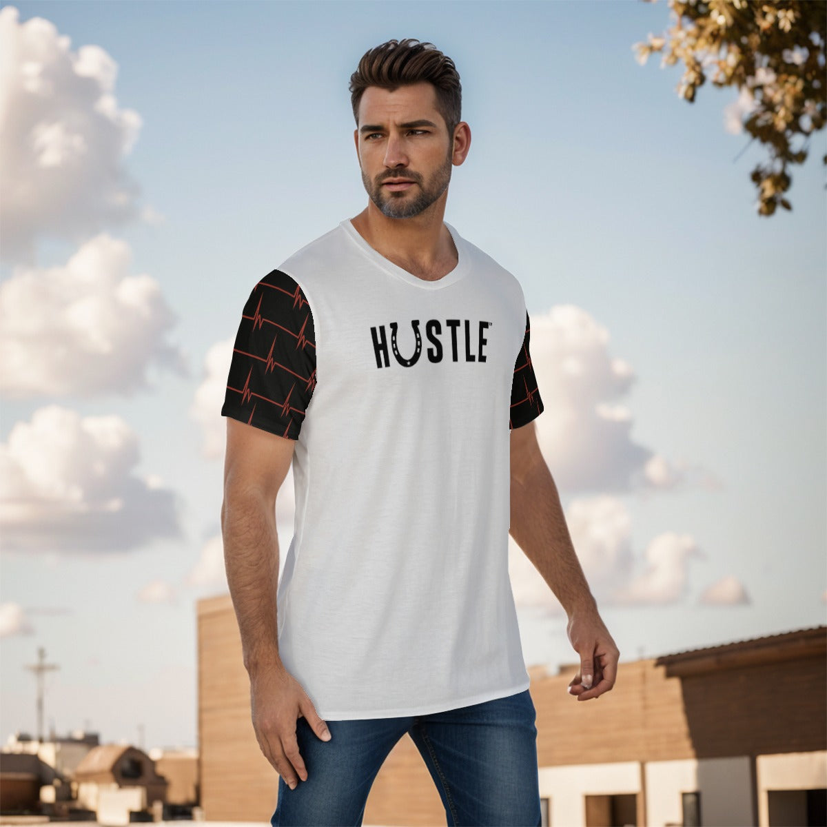 Lifestyle image of the Lucky Horseshoe HUSTLE T-Shirt, styled for both riding trails and gym workouts.