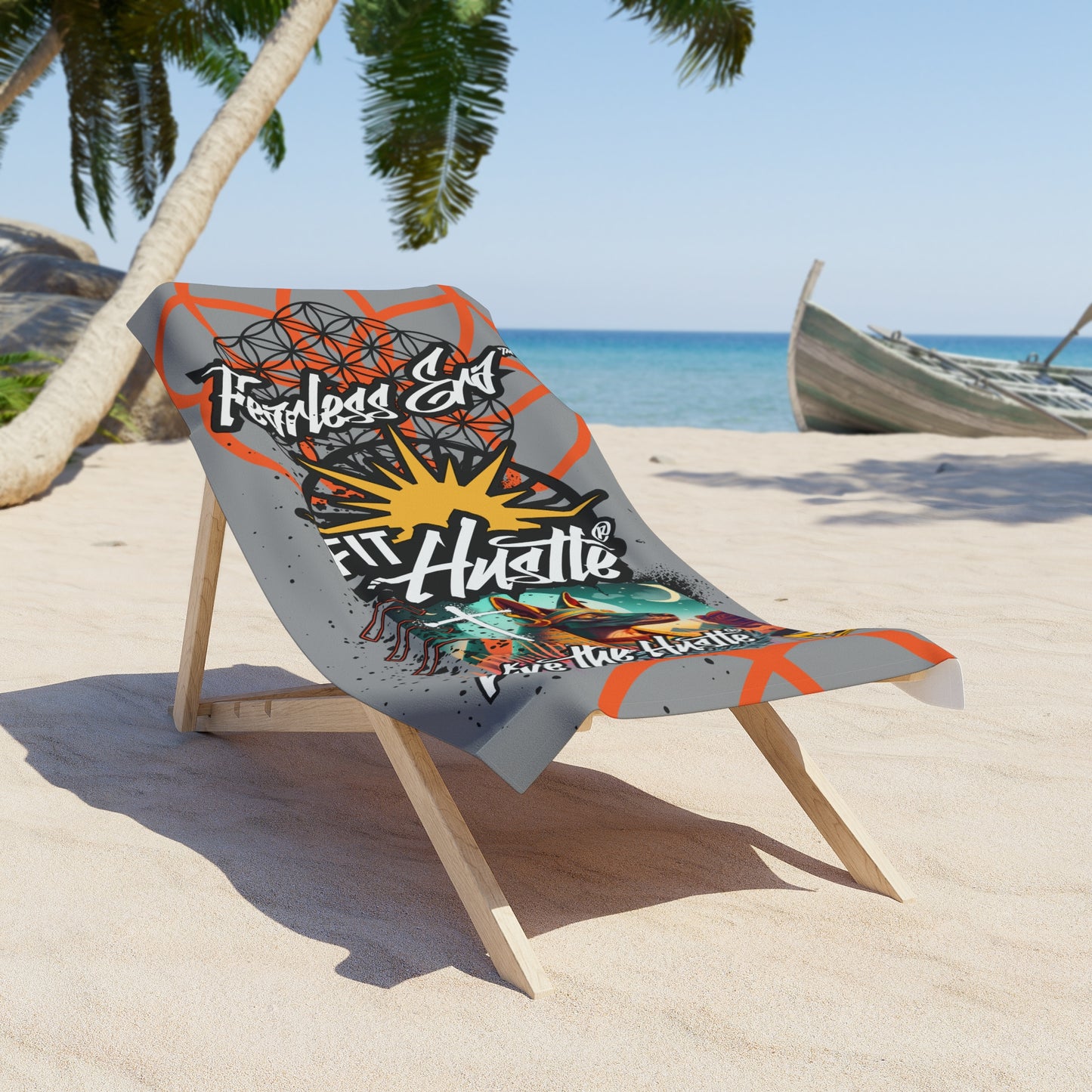FIT HUSTLE® Fearless Era™ beach towel displayed on a beach chair by the ocean for summer lifestyle use.