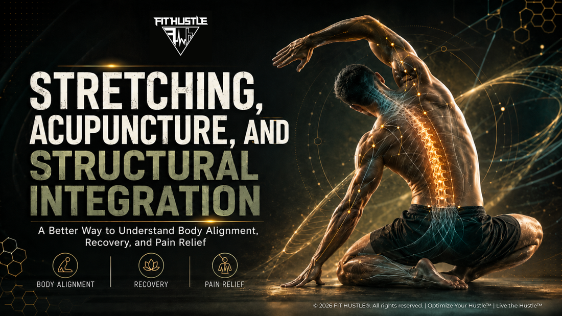 FIT HUSTLE® article banner exploring stretching, acupuncture, structural integration, body alignment, mobility, posture, recovery, and pain relief awareness.