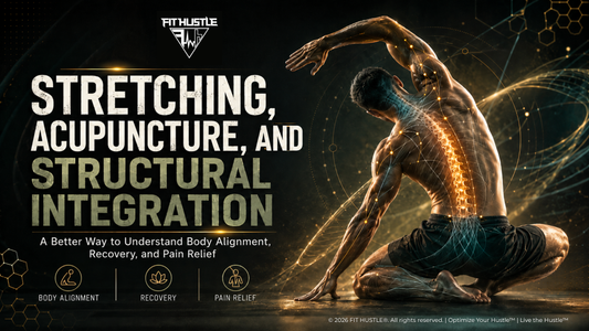 FIT HUSTLE® article banner exploring stretching, acupuncture, structural integration, body alignment, mobility, posture, recovery, and pain relief awareness.
