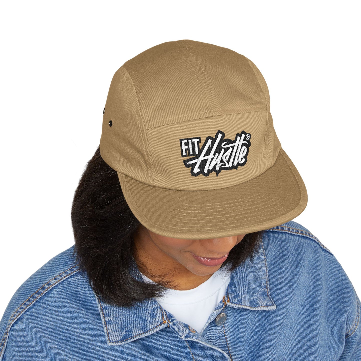 Fit Hustle Embroidered 5-Panel Cap — 'Level Up' Back Patch, Khaki Adjustable Hat
