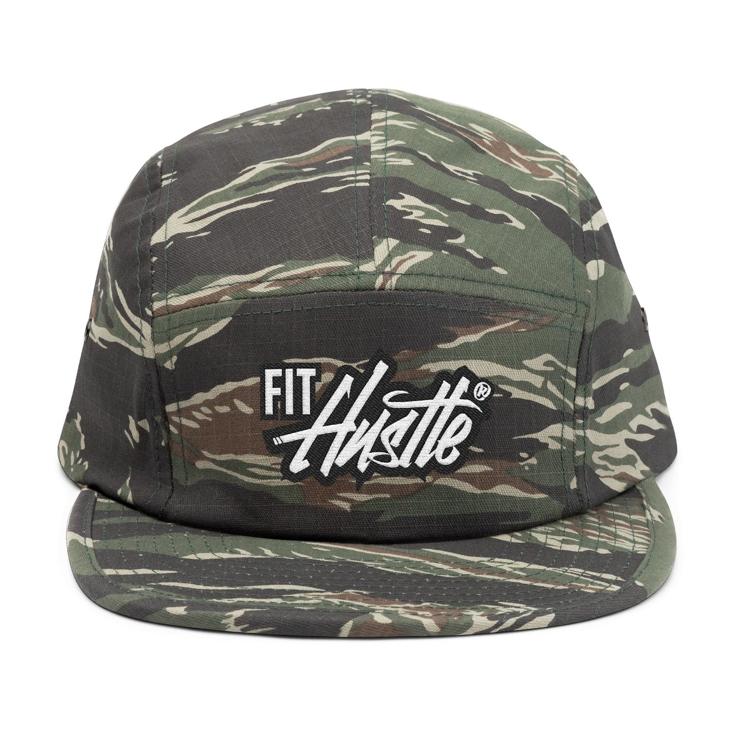 Fit Hustle Embroidered 5-Panel Cap — 'Level Up' Back Patch, Khaki Adjustable Hat