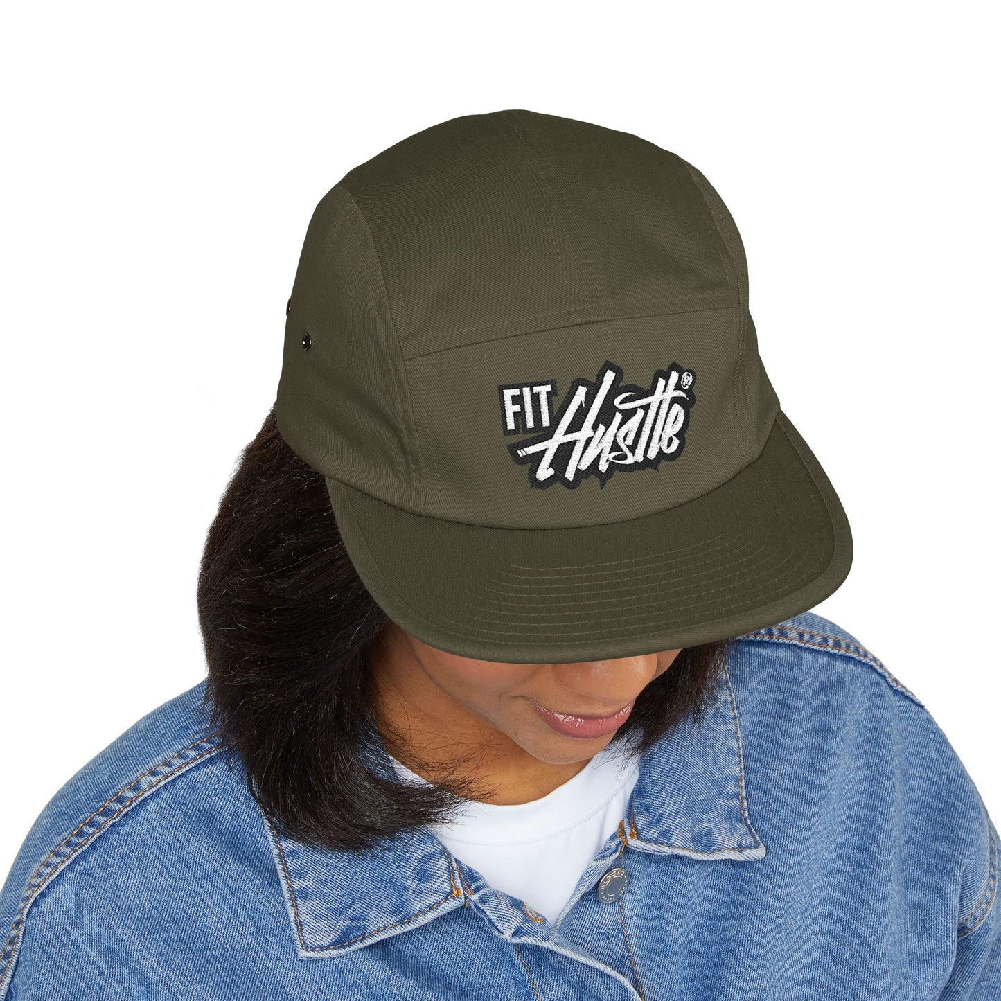 Fit Hustle Embroidered 5-Panel Cap — 'Level Up' Back Patch, Khaki Adjustable Hat