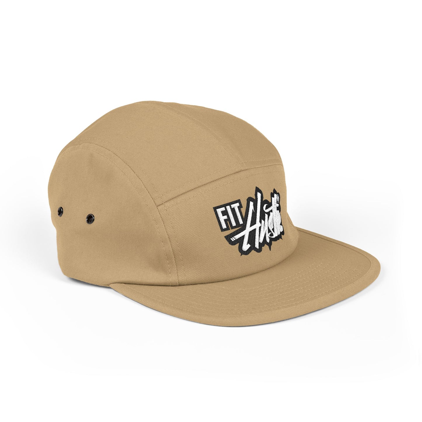 Fit Hustle Embroidered 5-Panel Cap — 'Level Up' Back Patch, Khaki Adjustable Hat