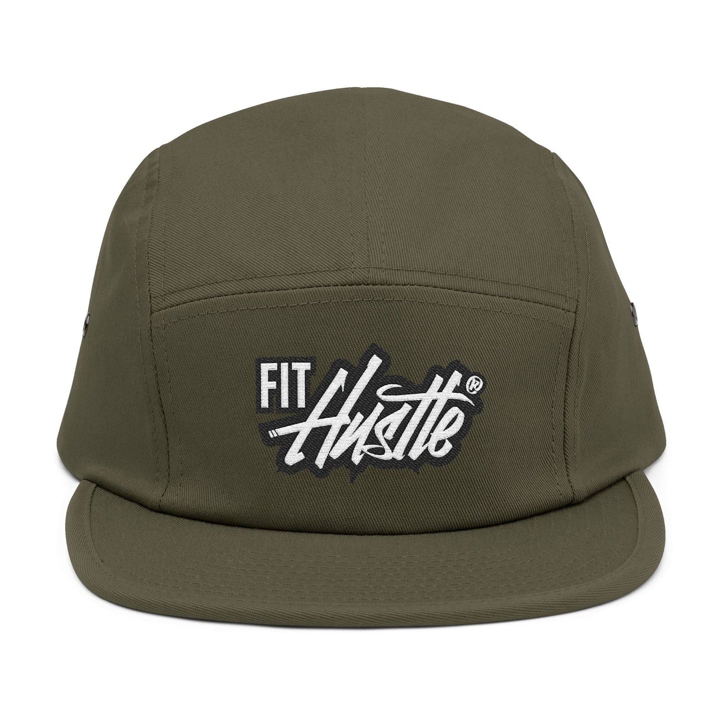 Fit Hustle Embroidered 5-Panel Cap — 'Level Up' Back Patch, Khaki Adjustable Hat