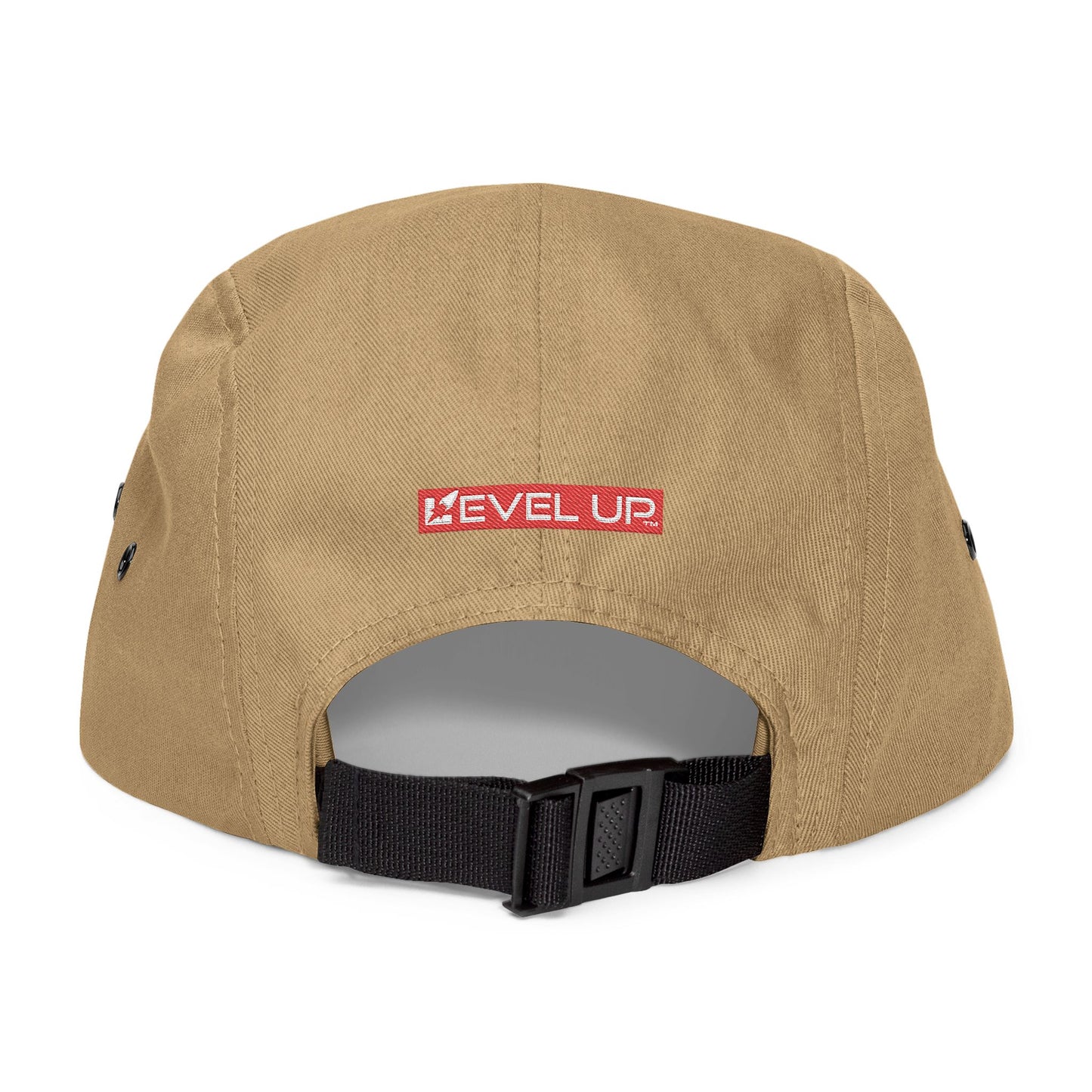 Fit Hustle Embroidered 5-Panel Cap — 'Level Up' Back Patch, Khaki Adjustable Hat