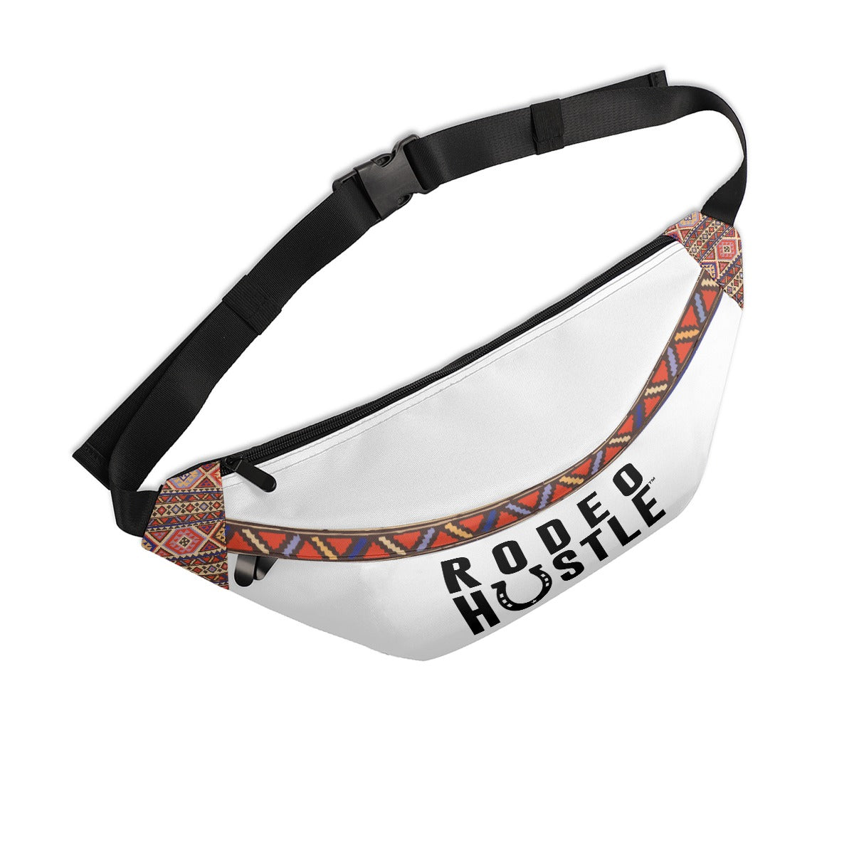 Close-up detail of the Rodeo Hustle™ Riding Bag highlighting the horseshoe in the 'HUSTLE' design.