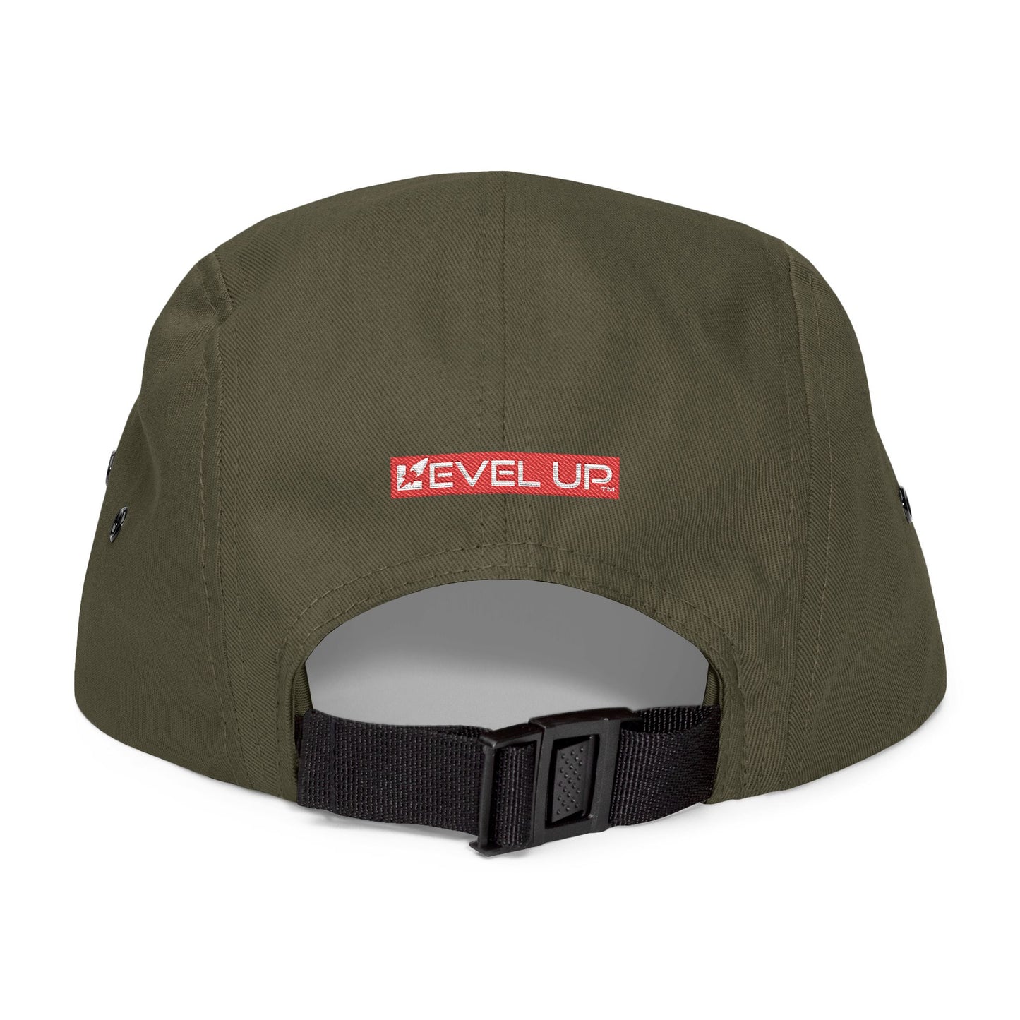 Fit Hustle Embroidered 5-Panel Cap — 'Level Up' Back Patch, Khaki Adjustable Hat