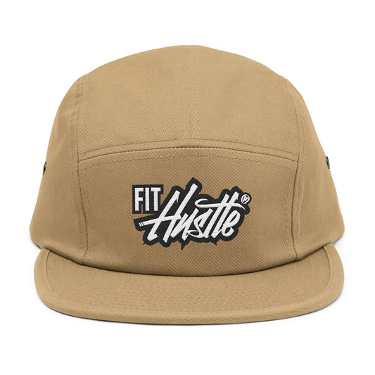 Fit Hustle Embroidered 5-Panel Cap — 'Level Up' Back Patch, Khaki Adjustable Hat