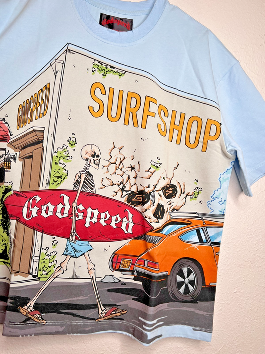 Authentic Godspeed Surfshop Graphic T-Shirt Sky Blue XS NWT MMXXV