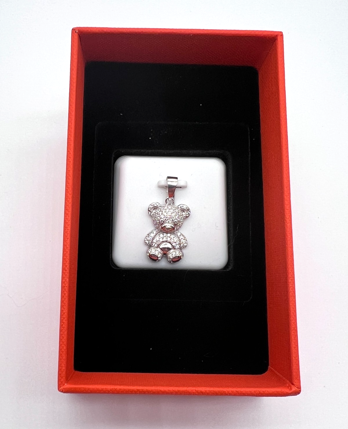 925 Sterling Silver Clear Spinel Teddy Bear Pendant 1.06" NEW #189