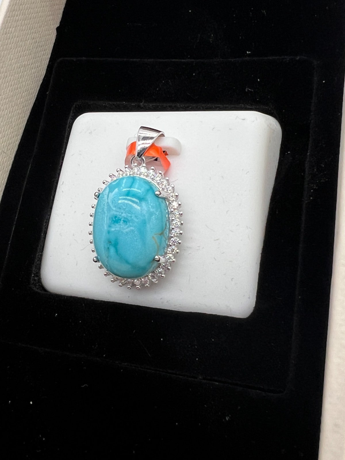 925 Sterling Silver Natural Turquoise Pendant 0.80 CTW Moissanite Halo NEW #291