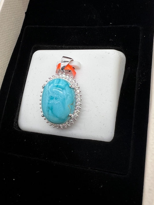 925 Sterling Silver Natural Turquoise Pendant 0.80 CTW Moissanite Halo NEW #291