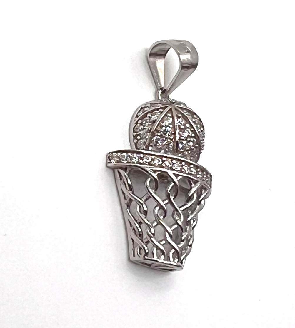 925 Sterling Silver White Spinel Basketball Hoop Pendant Charm New