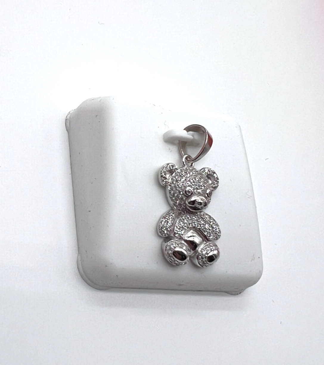 925 Sterling Silver Clear Spinel Teddy Bear Pendant 1.06" NEW #189