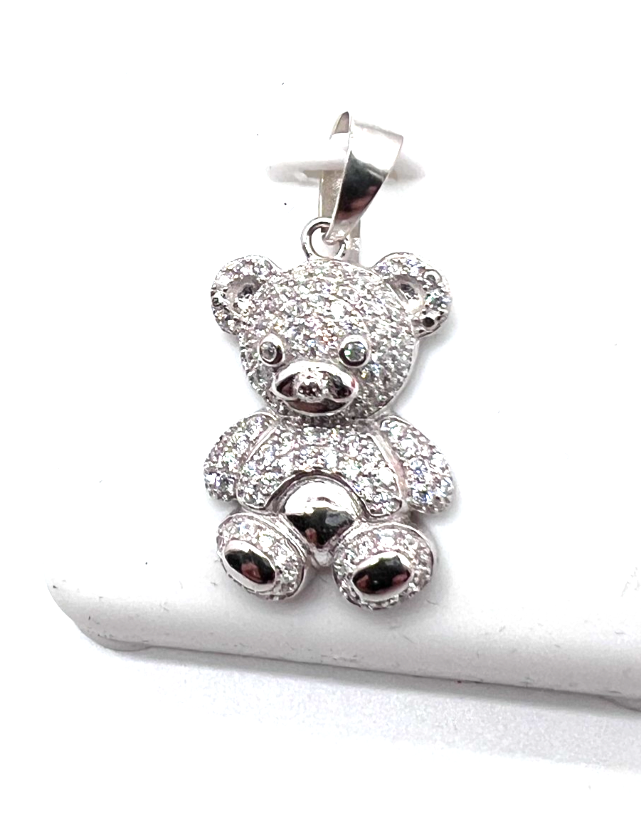 925 Sterling Silver Clear Spinel Teddy Bear Pendant 1.06" NEW #189