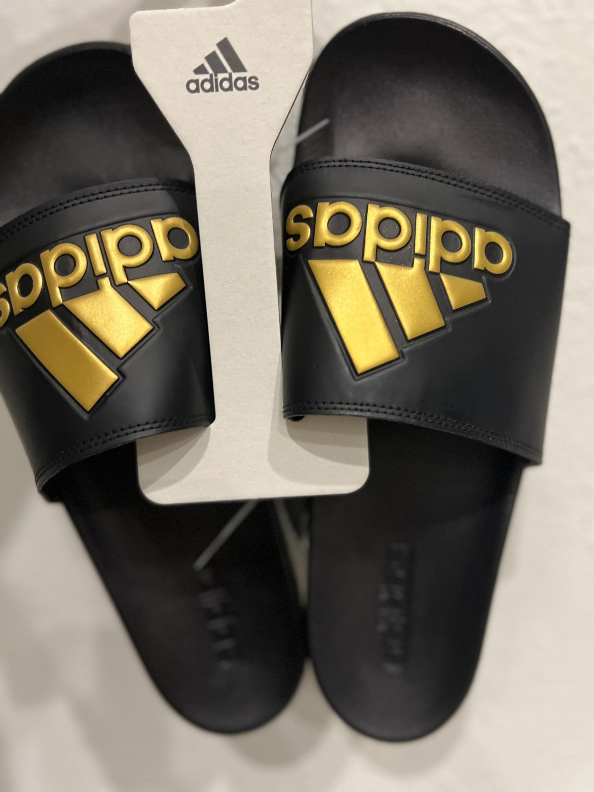 adidas Adilette Comfort Slides Black Gold Men's 13 Women's 14 NEW Sandals