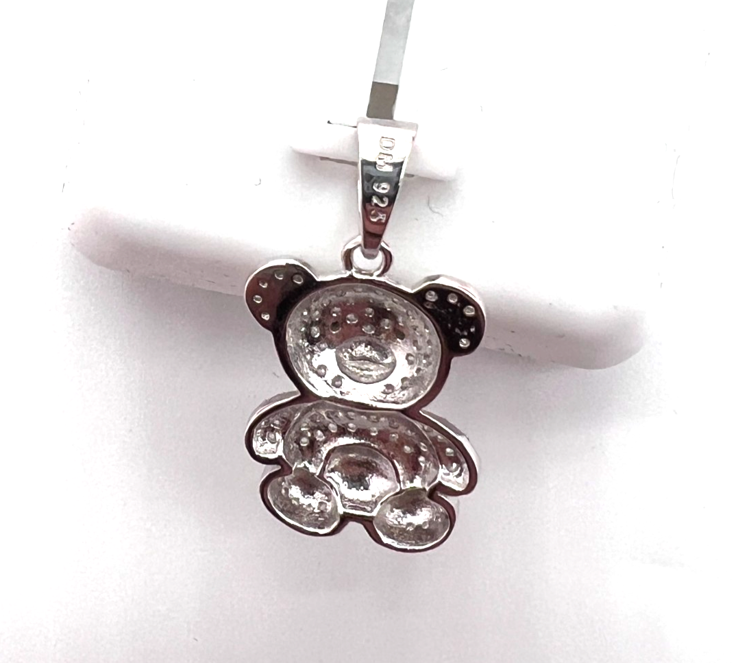 925 Sterling Silver Clear Spinel Teddy Bear Pendant 1.06" NEW #189