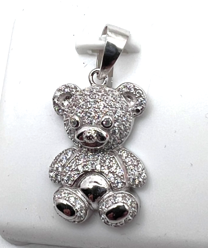 925 Sterling Silver Clear Spinel Teddy Bear Pendant 1.06" NEW #189