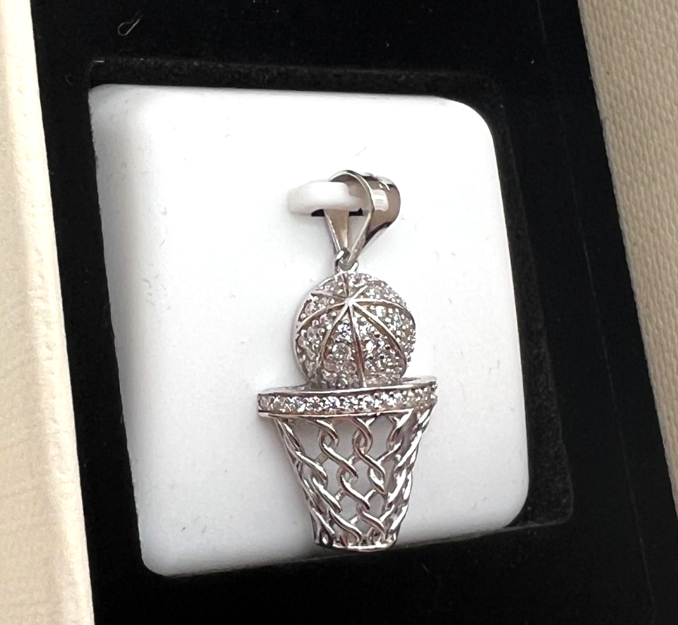 925 Sterling Silver White Spinel Basketball Hoop Pendant Charm New