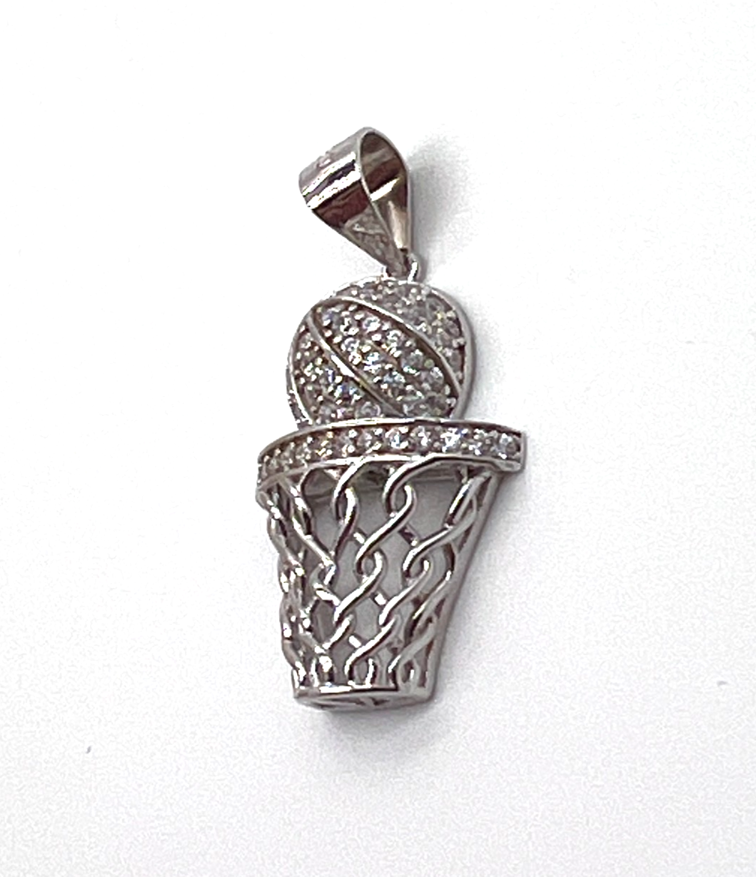 925 Sterling Silver White Spinel Basketball Hoop Pendant Charm New