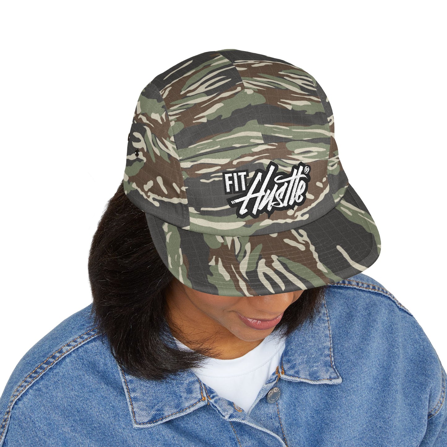 Fit Hustle Embroidered 5-Panel Cap — 'Level Up' Back Patch, Khaki Adjustable Hat