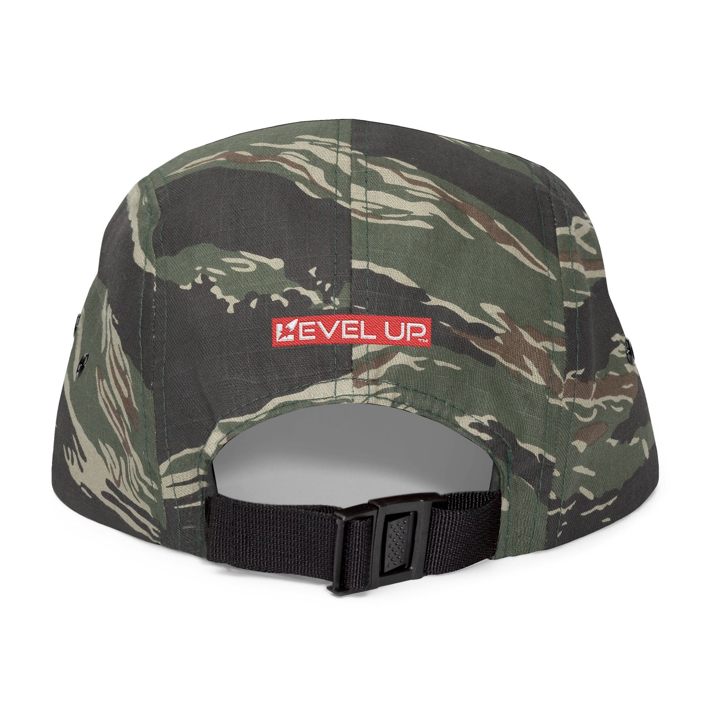 Fit Hustle Embroidered 5-Panel Cap — 'Level Up' Back Patch, Khaki Adjustable Hat