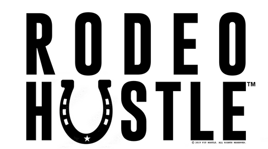 Close-up detail of the Rodeo Hustle™ Sticker Decal showing the horseshoe in the 'HUSTLE' design.