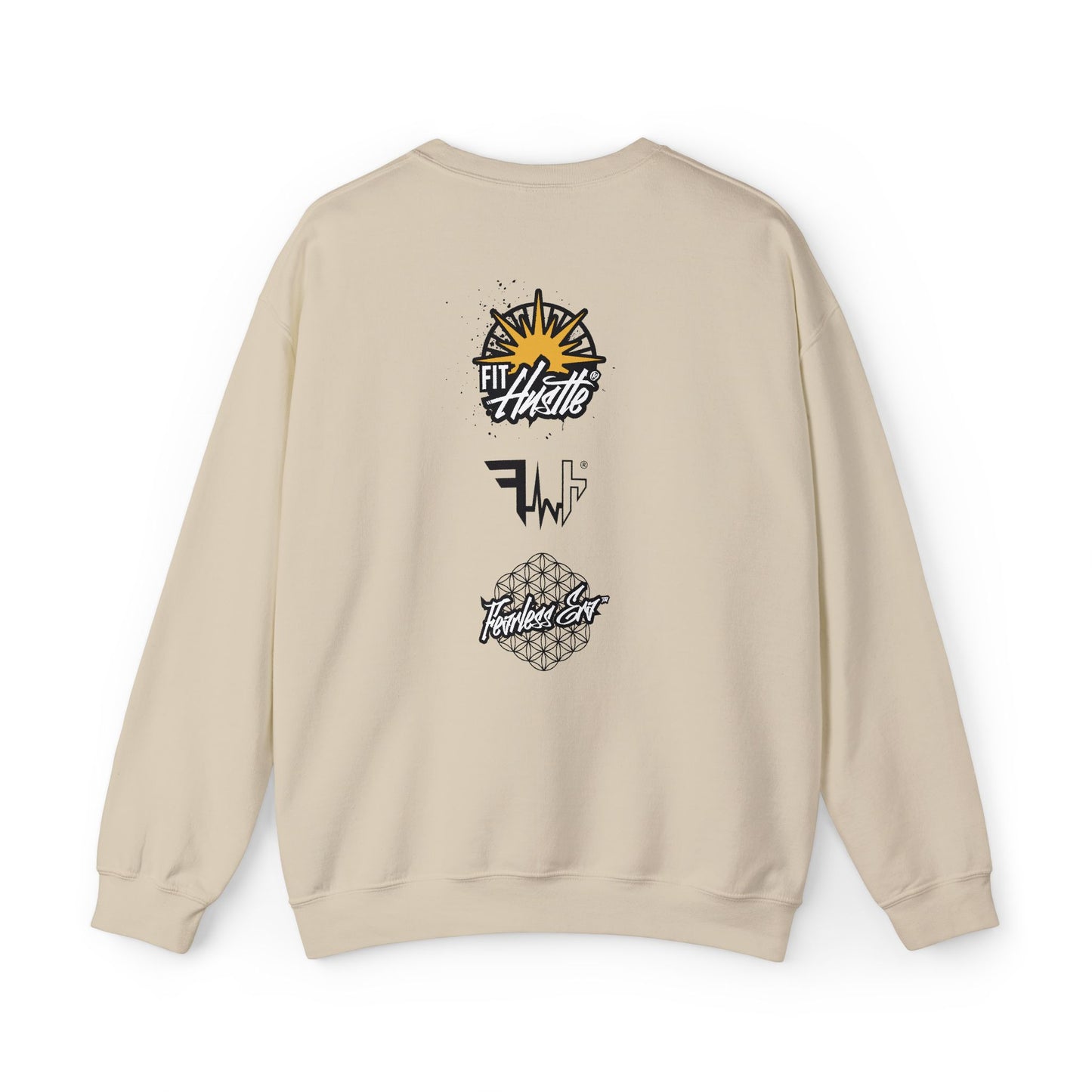 Fit Hustle Ascension Code Anubis Crewneck in sand back view with geometric structure print