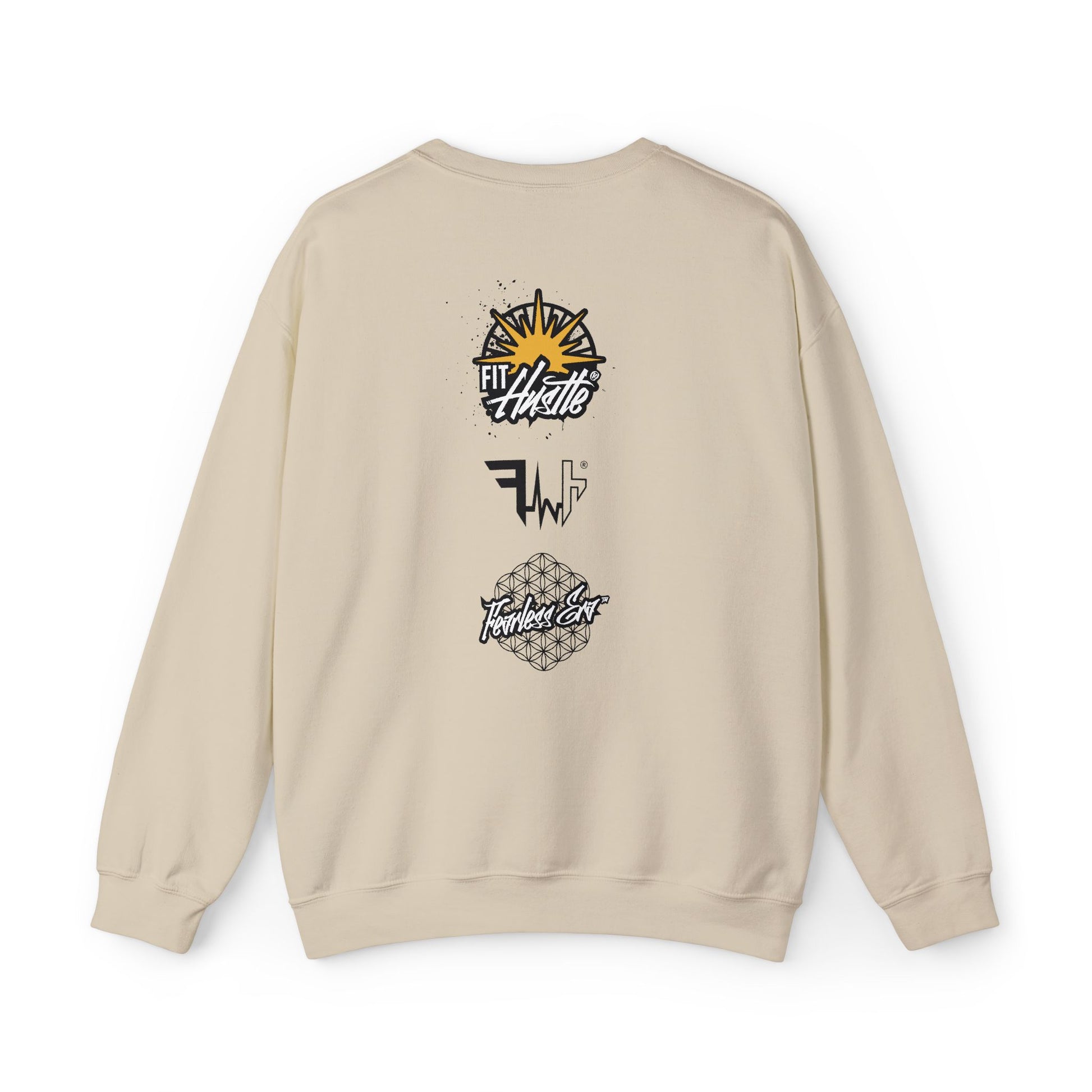 Fit Hustle Ascension Code Anubis Crewneck in sand back view with geometric structure print