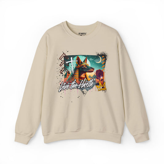 Fit Hustle Ascension Code Anubis Crewneck in sand front view with symbolic Anubis graphic