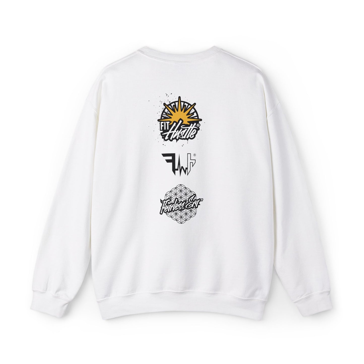 Fit Hustle Ascension Code Anubis Crewneck in white back view with geometric structure print
