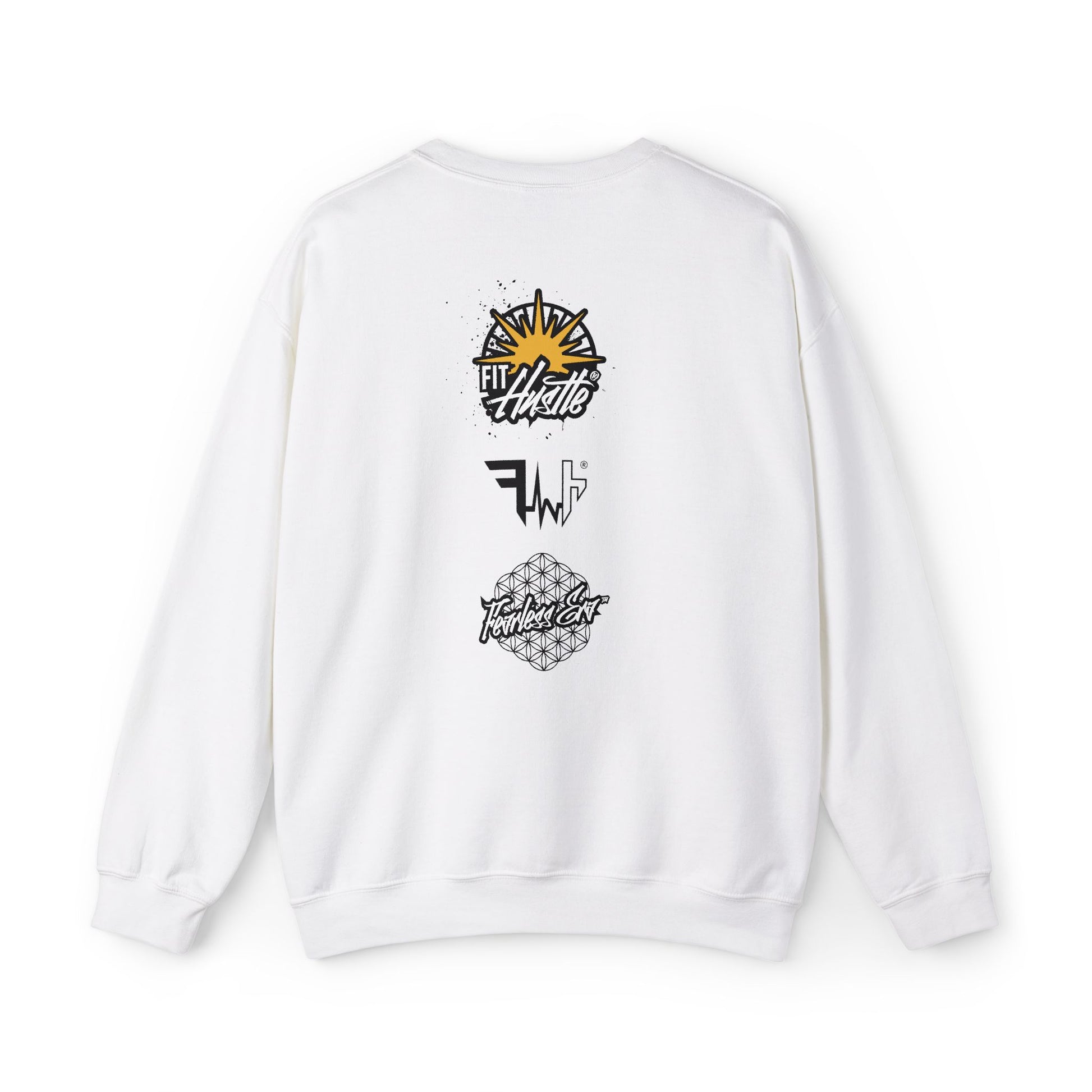Fit Hustle Ascension Code Anubis Crewneck in white back view with geometric structure print