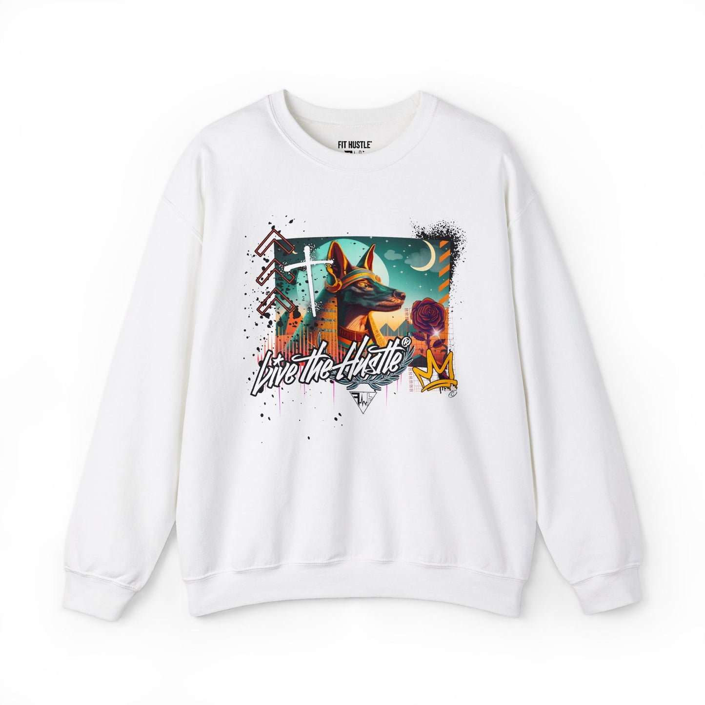Fit Hustle Ascension Code Anubis Crewneck in white front view with symbolic Anubis graphic