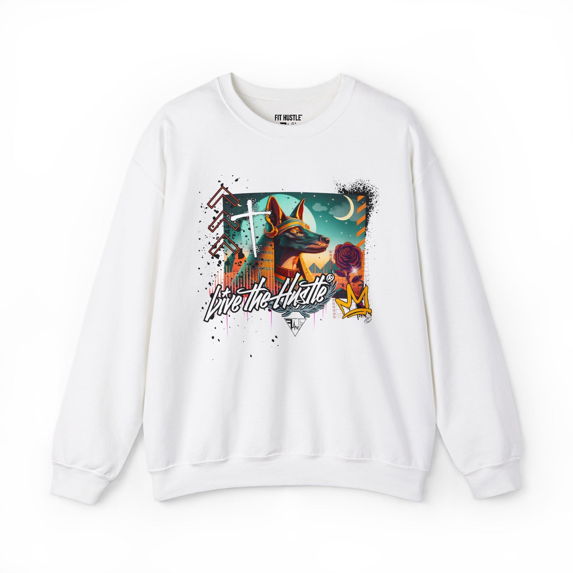 Fit Hustle Ascension Code Anubis Crewneck in white front view with symbolic Anubis graphic