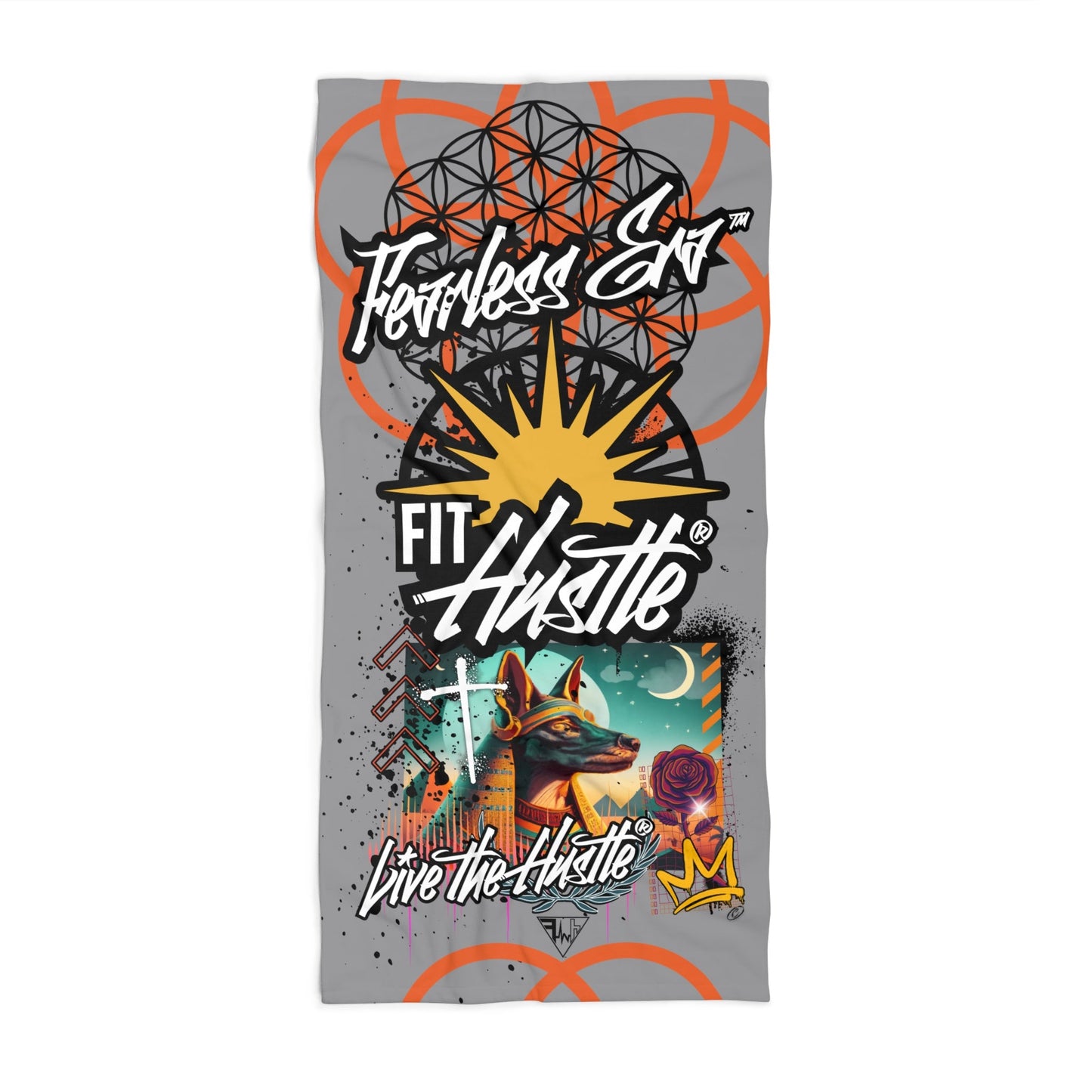 FIT HUSTLE® Fearless Era™ graphic beach and gym towel with bold full-color Live the Hustle® artwork.