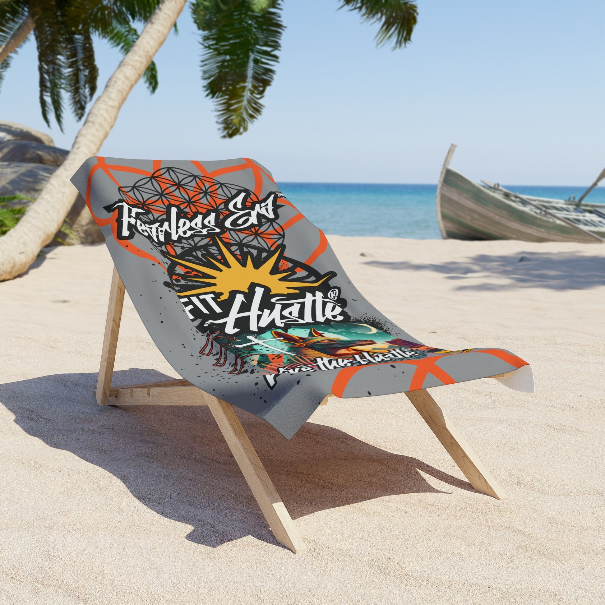 FIT HUSTLE® Fearless Era™ beach towel displayed on a beach chair by the ocean for summer lifestyle use.