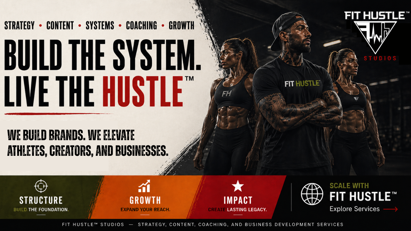 Fit Hustle Studios banner showcasing brand strategy, content creation, coaching, and business growth services for athletes, creators, and brands