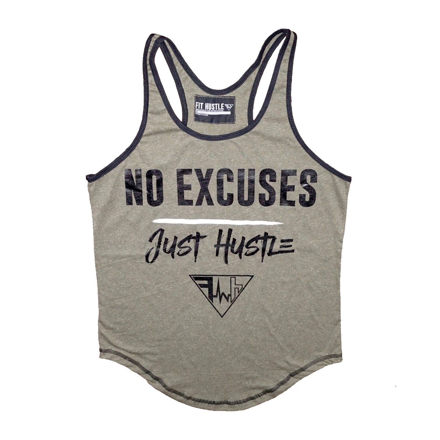 "No Excuses / Just Hustle" Men's Stringer - Heather Olive/Blk Trim