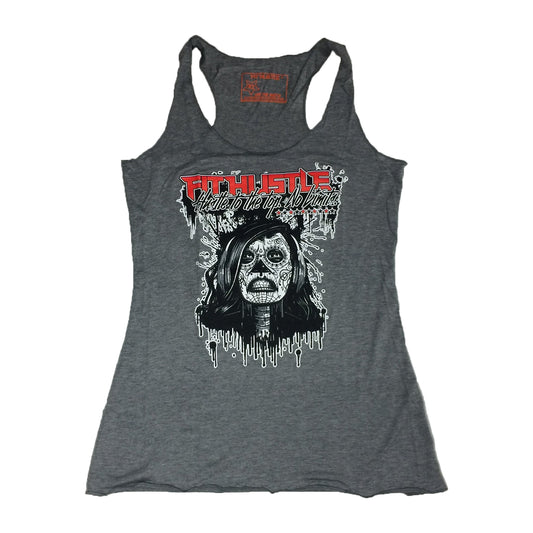 Grey/Red Womens Racerback Sugar skull Tank "Hustle to The Top. NO LIMITS.